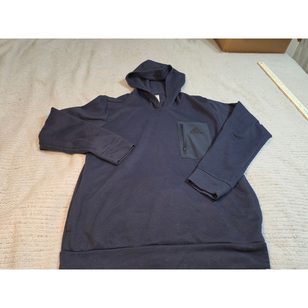 Adidas Mens Navy Blue Pullover Hoodie Zippered Chest Pocket Size Large